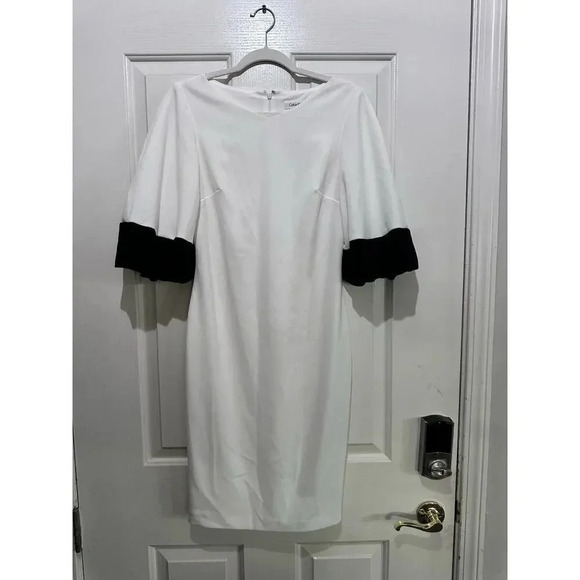 Calvin Klein White Puff-Sleeve Knee-Length Sheath Dress Size 4 - Picture 1 of 4